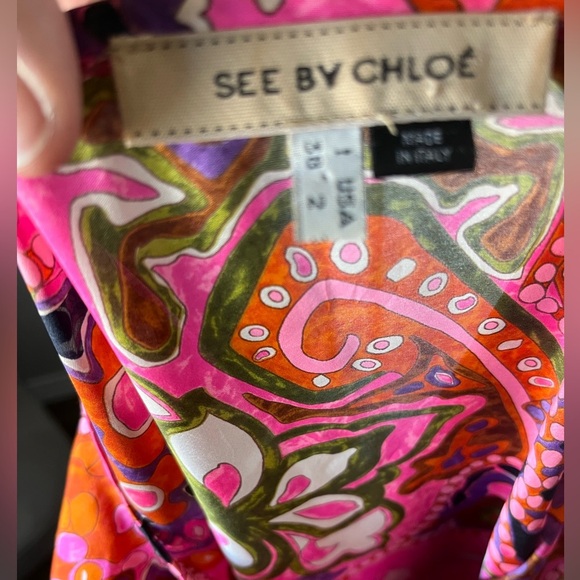 See by Chloe Graphic Silk Pink and Purple Mini Dress 3/4 Sleeve - Picture 7 of 7